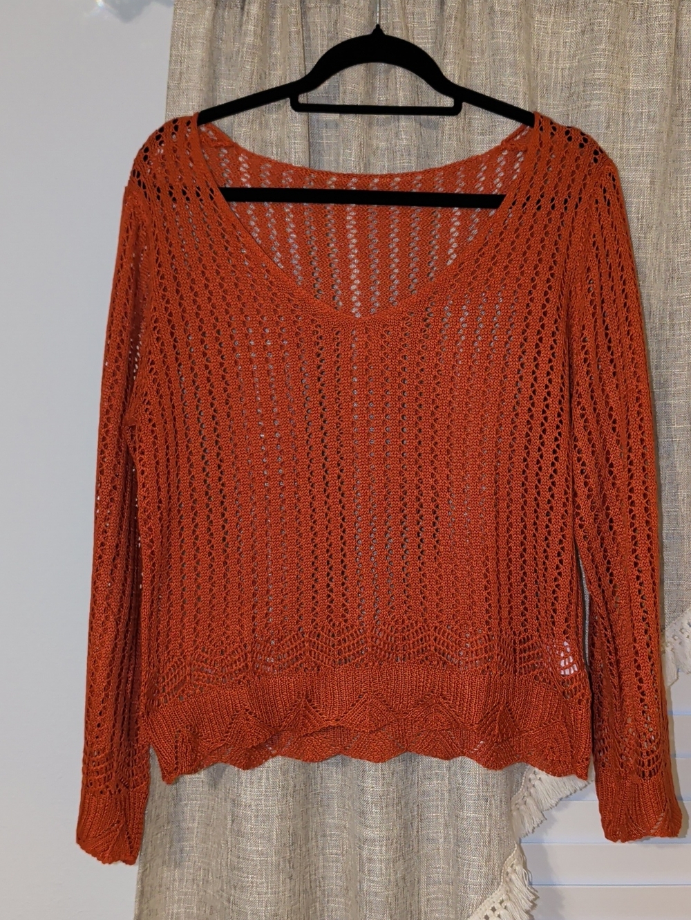 Open-Knit V-Neck Sweater - Rust Orange